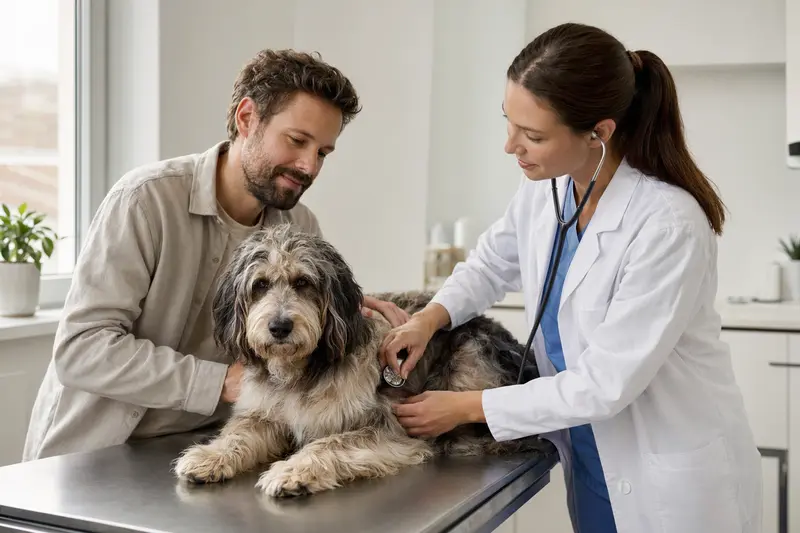 Ein ruhiger Aussiedoodle Hund wird von einer freundlichen Tierärztin mit einem Stethoskop in einer modernen Tierarztpraxis untersucht, während sein Besitzer beruhigend daneben steht.