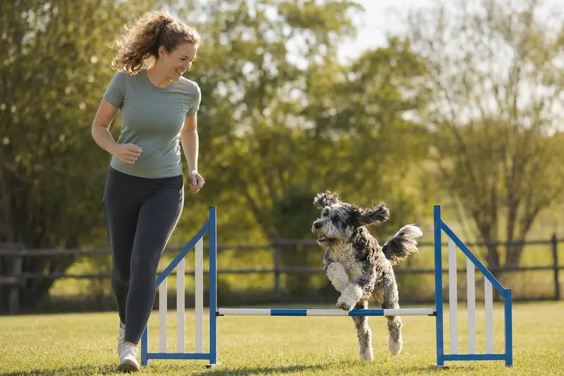 Ein aktiver Aussiedoodle trainiert mit seinem Besitzer auf einem Hundeplatz über eine kleine Hürde.