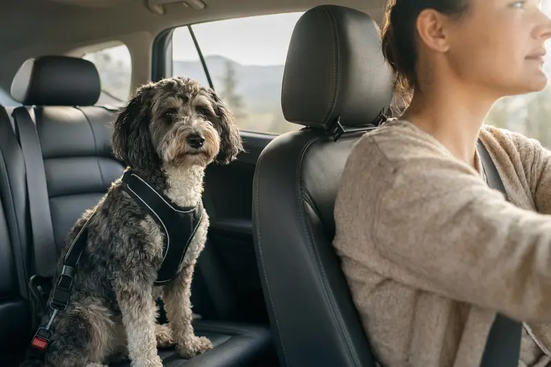 Ein Aussiedoodle Hund sitzt sicher angeschnallt auf der Rückbank eines Autos, während sein Besitzer fährt.