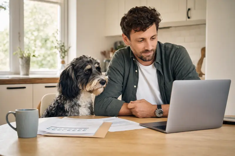 Ein Aussiedoodle sitzt entspannt neben seinem Besitzer am Küchentisch mit Versicherungsunterlagen und einem Laptop.