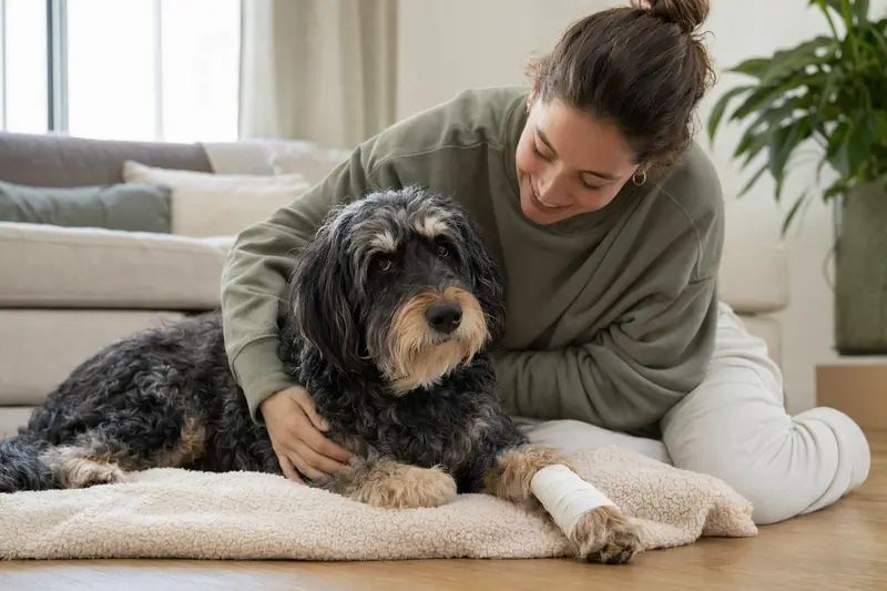 Ein Aussiedoodle mit einem leichten Verband an der Pfote liegt entspannt auf einer Decke, während sein erleichterter Besitzer neben ihm sitzt.