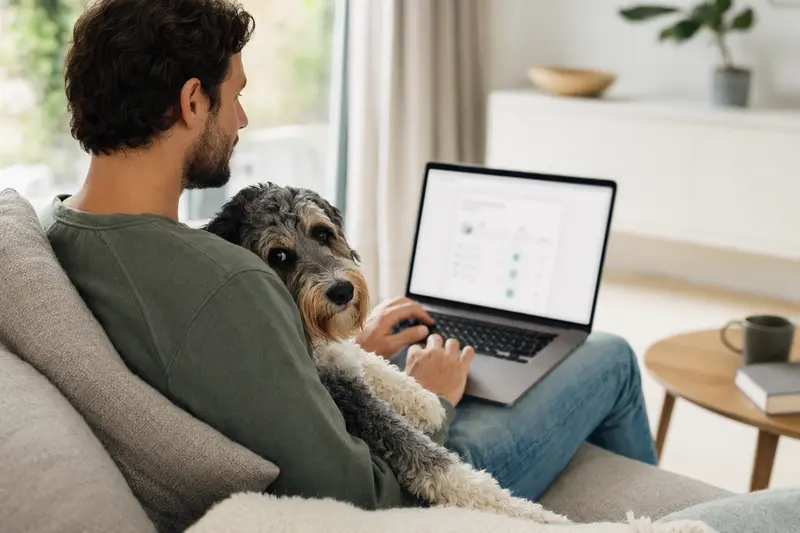 Ein Hundehalter sitzt entspannt mit einem Laptop auf dem Sofa, während ein Aussiedoodle daneben liegt und eine neutrale Versicherungsvergleichs-Oberfläche zeigt.