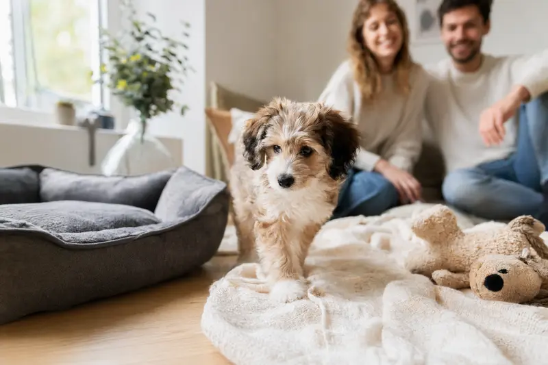 Ein junger Aussiedoodle Welpe erkundet neugierig sein neues Zuhause mit einer weichen Decke und Spielzeug, während eine liebevolle Familie im Hintergrund zusieht.