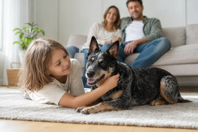 Ein Australian Cattle Dog liegt entspannt neben einem Kind im Wohnzimmer der Familie.