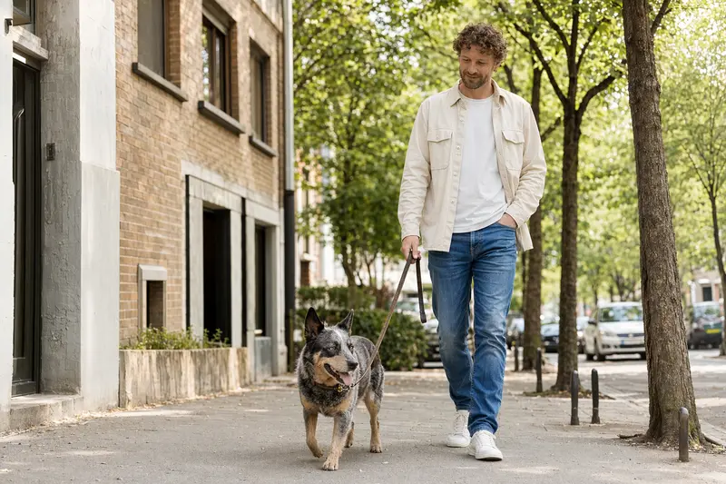 Ein Australian Cattle Dog läuft entspannt an der Leine mit seinem Besitzer durch eine moderne Stadtstraße.
