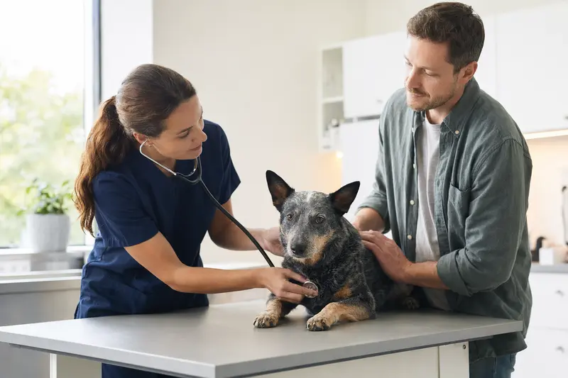 Ein Australian Cattle Dog auf einem Untersuchungstisch, während eine Tierärztin ihn mit einem Stethoskop untersucht.