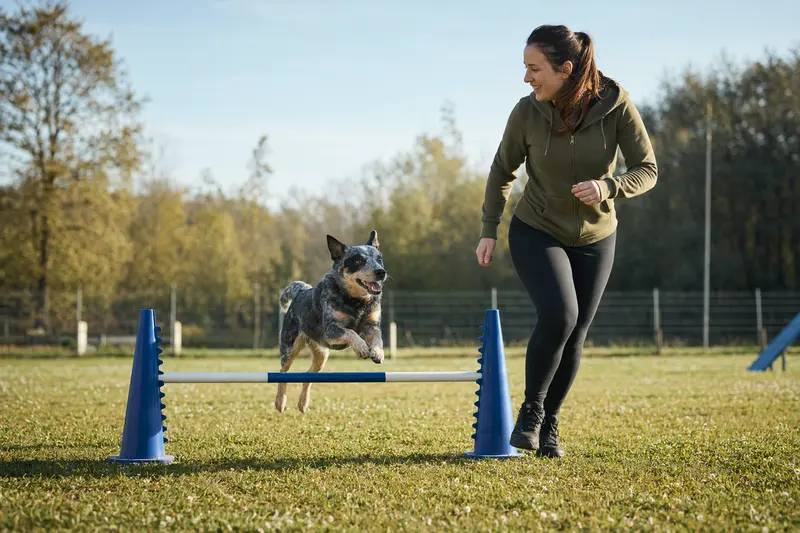 Ein Australian Cattle Dog springt mit seinem Besitzer über eine kleine Trainingshürde auf dem Hundeplatz.