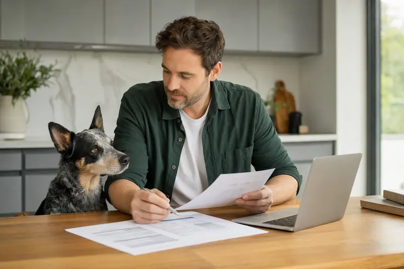 Ein Australian Cattle Dog sitzt entspannt neben seinem Besitzer am Küchentisch, während Versicherungsunterlagen und ein Laptop mit einer Vergleichsseite auf dem Tisch liegen.
