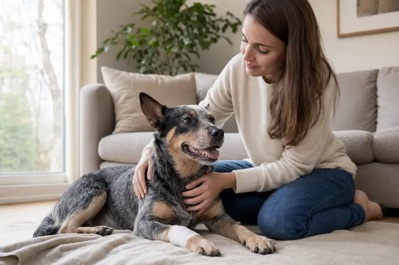 Ein Australian Cattle Dog mit Verband liegt entspannt auf einer Decke, während sein Besitzer besorgt, aber erleichtert daneben sitzt.
