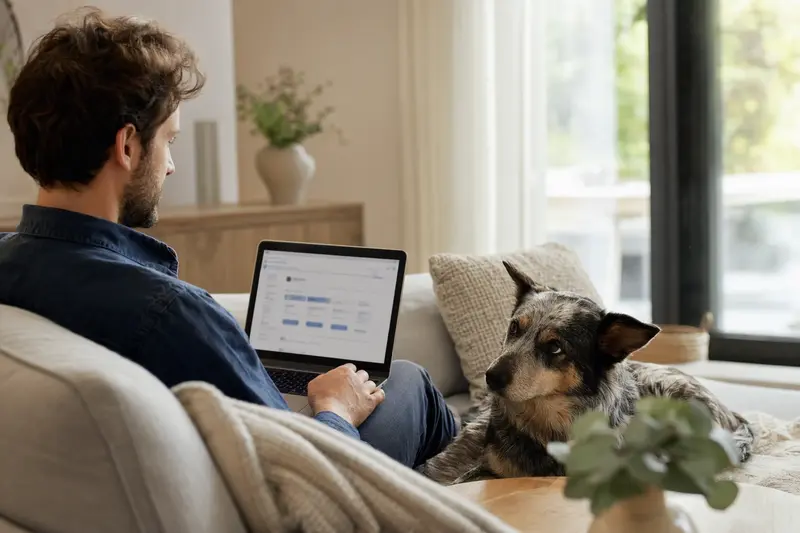 Ein Hundebesitzer arbeitet entspannt am Laptop auf dem Sofa, während ein Australian Cattle Dog daneben sitzt und die Versicherungsoberfläche im Hintergrund zeigt.