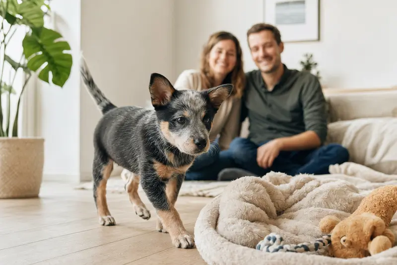 Ein junger Australian Cattle Dog Welpe erkundet neugierig sein neues Zuhause mit einer weichen Decke und Spielzeug, während eine liebevolle Familie im Hintergrund zu sehen ist.
