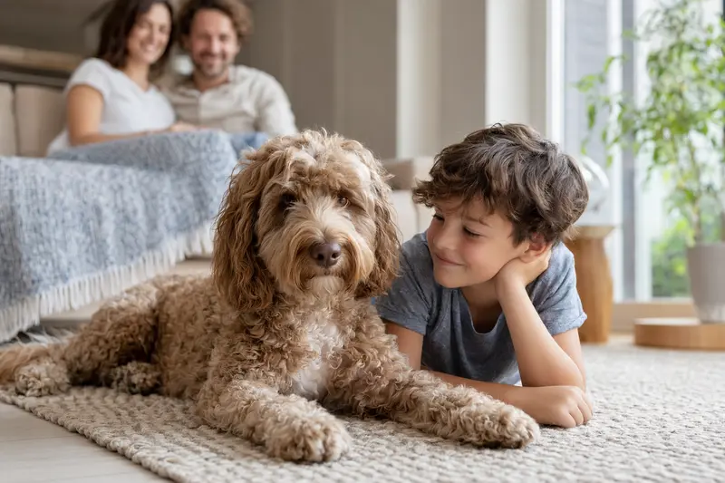 Ein Australian Cobberdog liegt entspannt neben einem Kind im hellen Wohnzimmer, während die Eltern im Hintergrund eine sichere Familienatmosphäre schaffen.