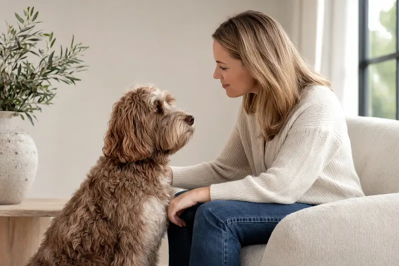 Ein Australian Cobberdog steht aufmerksam vor hellem Hintergrund, als realistisches Hundeporträt mit weichem Licht und klaren Details.