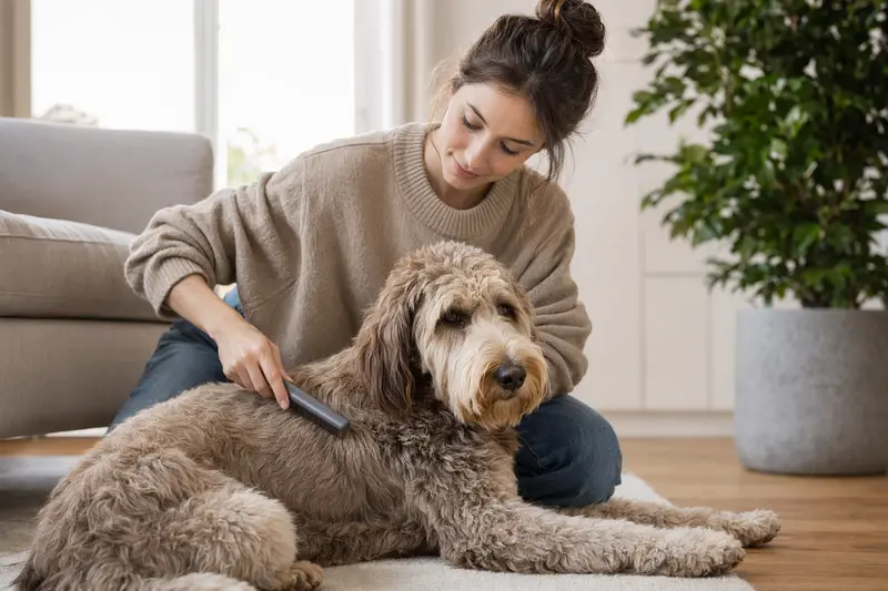 Ein Australian Cobberdog wird in einer hellen Wohnung liebevoll gebürstet, während sich sein Besitzer um die Fellpflege kümmert.