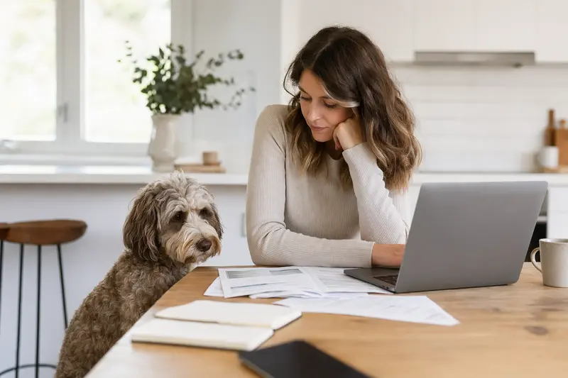 Ein Australian Cobberdog sitzt ruhig neben seinem Besitzer am Küchentisch mit Versicherungsunterlagen und einem Laptop zur Hundekrankenversicherung.