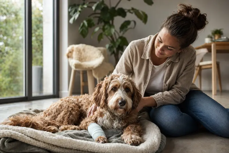 Australian Cobberdog mit leichtem Verband an der Pfote liegt ruhig auf einer Decke neben seinem erleichterten Besitzer in einer hellen Wohnung.