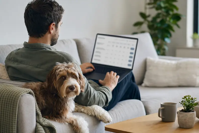 Ein Hundebesitzer arbeitet mit einem Laptop auf dem Sofa, während ein Australian Cobberdog neben ihm sitzt und eine neutrale Versicherungsvergleichsseite auf dem Bildschirm zu sehen ist.