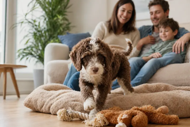 Ein neugieriger Australian Cobberdog Welpe erkundet seine neue, freundliche Wohnung mit einer weichen Decke und Spielzeug.