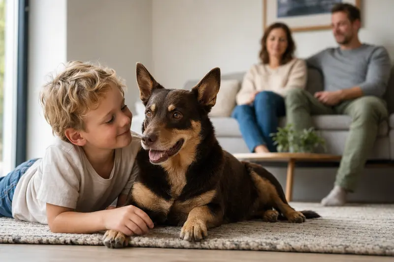 Ein entspannter Australian Kelpie Hund liegt neben einem Kind im Wohnzimmer und vermittelt eine herzliche Familienatmosphäre.