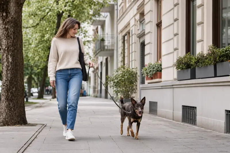 Ein Australian Kelpie Hund läuft an der Leine mit seinem Besitzer durch eine moderne Stadtstraße.