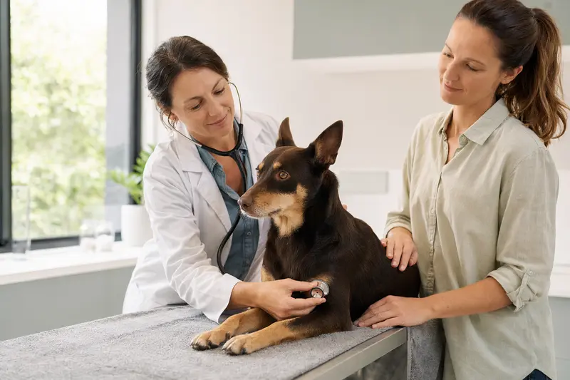 Ein ruhiger Australian Kelpie Hund wird von einer freundlichen Tierärztin untersucht.