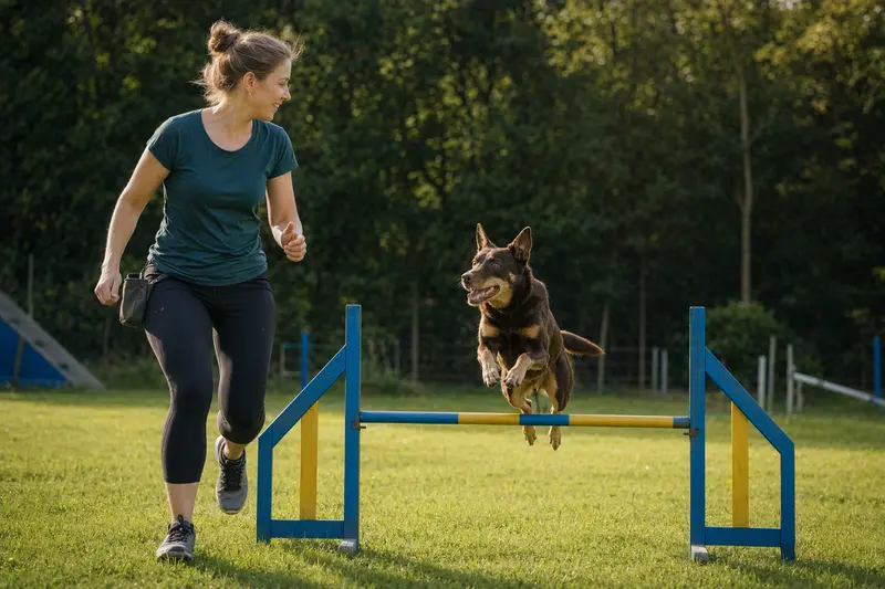 Ein Australian Kelpie trainiert mit seinem Besitzer über eine kleine Hürde auf dem Hundeplatz und wirkt dabei freudig, konzentriert und sportlich.