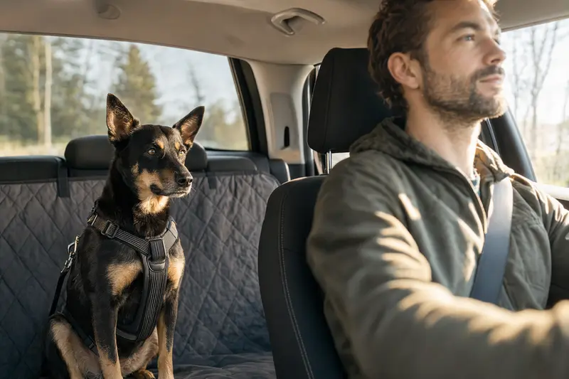 Ein Australian Kelpie Hund sitzt sicher angeschnallt auf der Rückbank eines Autos und genießt die Fahrt.