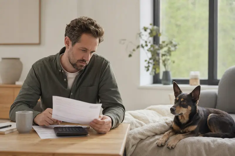 Ein entspannter Australian Kelpie liegt auf einer Decke, während sein Besitzer am Tisch eine Tierarztrechnung betrachtet, in einer hellen und ruhigen Wohnung.