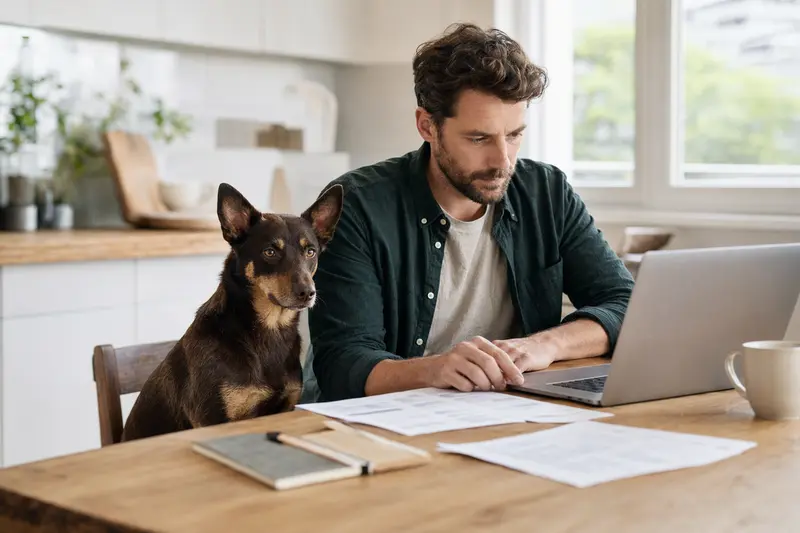Ein Australian Kelpie sitzt entspannt neben seinem Besitzer am Küchentisch, auf dem Versicherungsunterlagen und ein Laptop liegen.