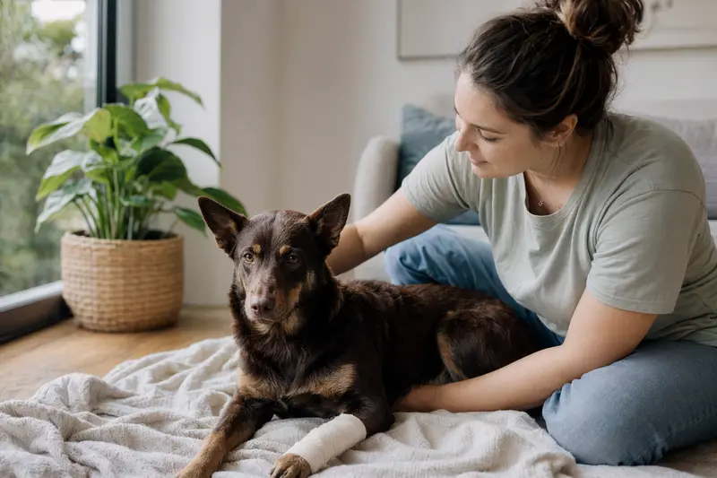 Ein Australian Kelpie mit Verband an der Pfote liegt entspannt neben seinem Besitzer auf einer Decke, in einer hellen und fürsorglichen Wohnatmosphäre.