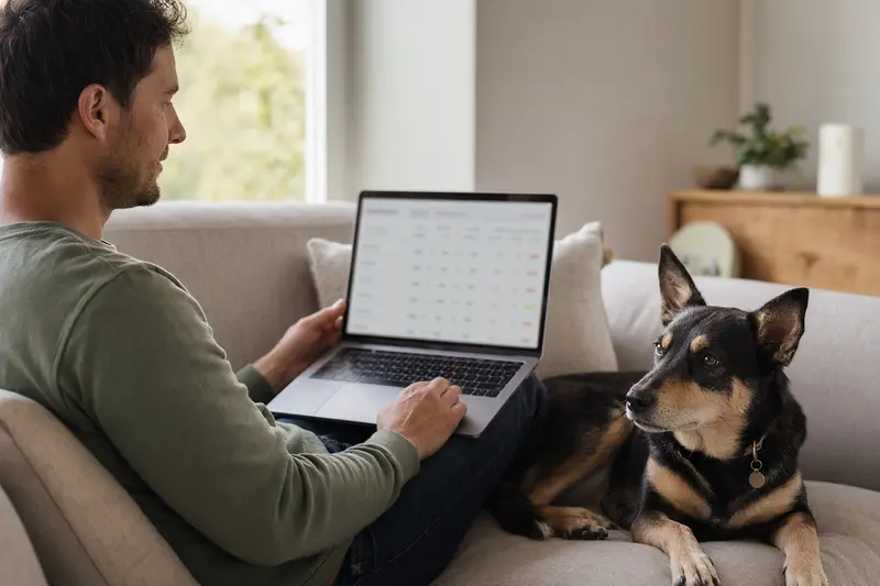 Ein Besitzer mit einem Australian Kelpie auf dem Sofa arbeitet am Laptop und vergleicht Tierversicherungen.