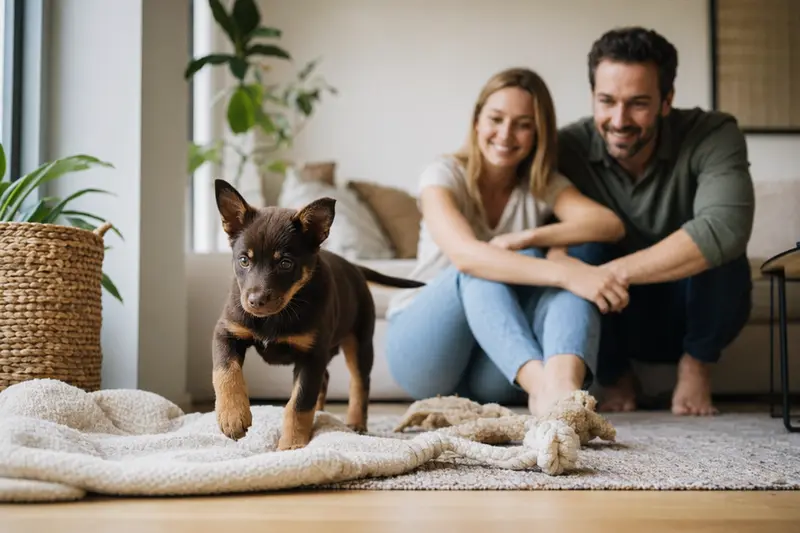 Ein neugieriger Australian Kelpie Welpe spielt auf einer weichen Decke in einem freundlichen Zuhause.