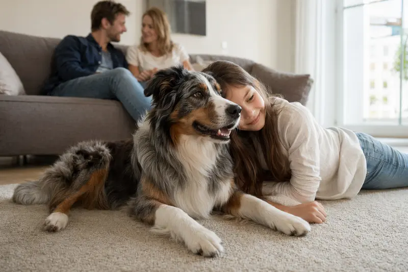 Ein freundlicher Australian Shepherd Hund liegt entspannt neben einem Kind im hellen Wohnzimmer, während die Eltern im Hintergrund zu sehen sind.