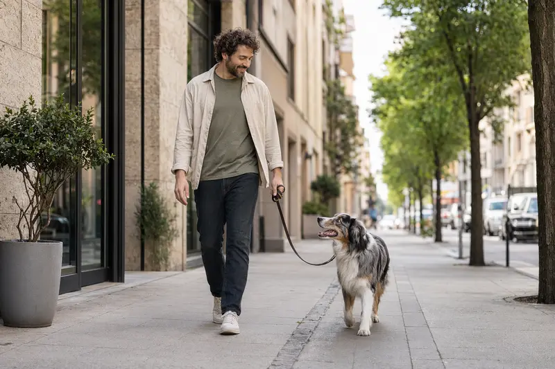 Ein Australian Shepherd Hund läuft an der Leine mit seinem Besitzer durch eine moderne Stadtstraße bei natürlichem Licht.