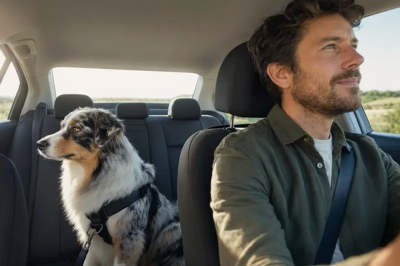 Ein Australian Shepherd sitzt sicher angeschnallt auf der Rückbank eines Autos, während der Besitzer fährt.