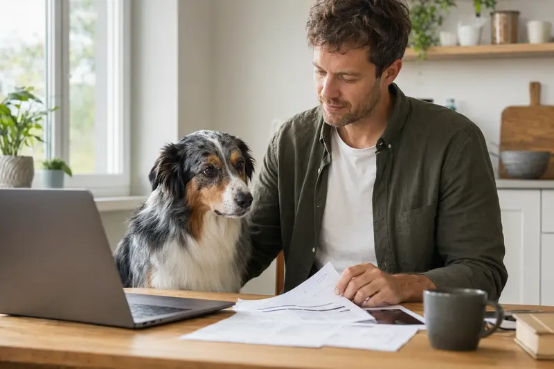 Ein Australian Shepherd sitzt ruhig neben seinem Besitzer am Küchentisch, während Versicherungsunterlagen und ein Laptop auf dem Tisch liegen.