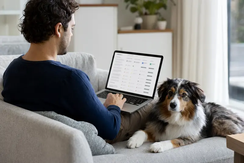 Ein Besitzer sitzt entspannt mit einem Australian Shepherd Hund auf dem Sofa und vergleicht Tierversicherungen auf dem Laptop.