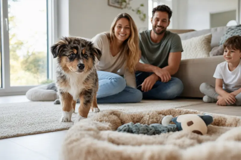 Ein neugieriger Australian Shepherd Welpe erkundet sein neues Zuhause mit weicher Decke und Spielzeug.