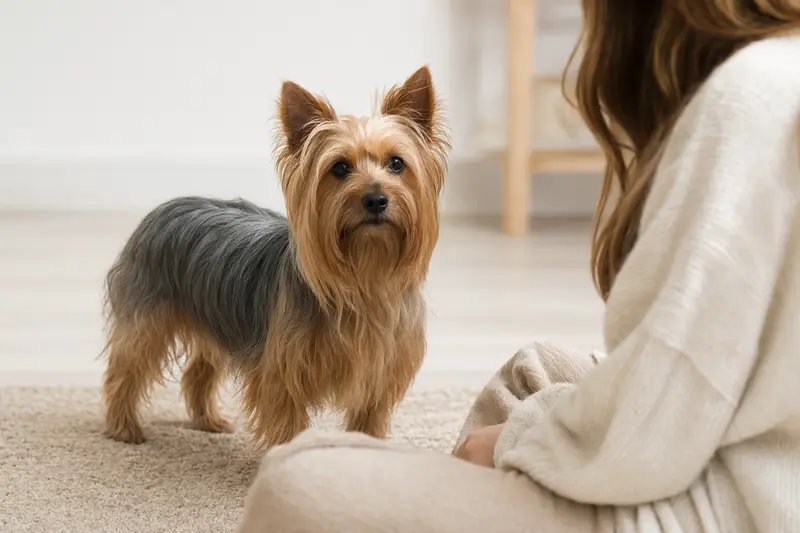 Ein aufmerksamer Australian Silky Terrier vor neutralem Hintergrund, präsentiert die charakteristische Fellstruktur und Körperhaltung der Rasse.
