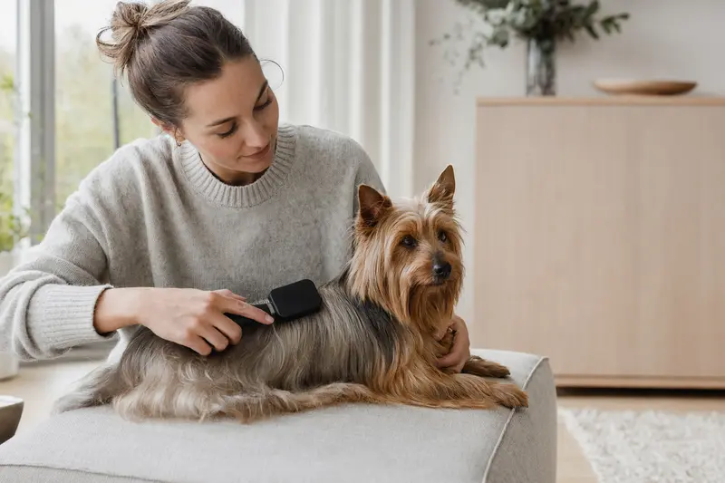 Ein Australian Silky Terrier wird liebevoll von seinem Besitzer zuhause gebürstet.