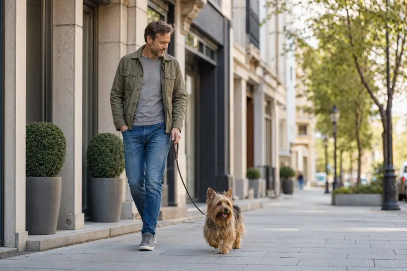 Ein Australian Silky Terrier läuft mit seinem Besitzer entspannt an der Leine durch eine moderne Stadtstraße.