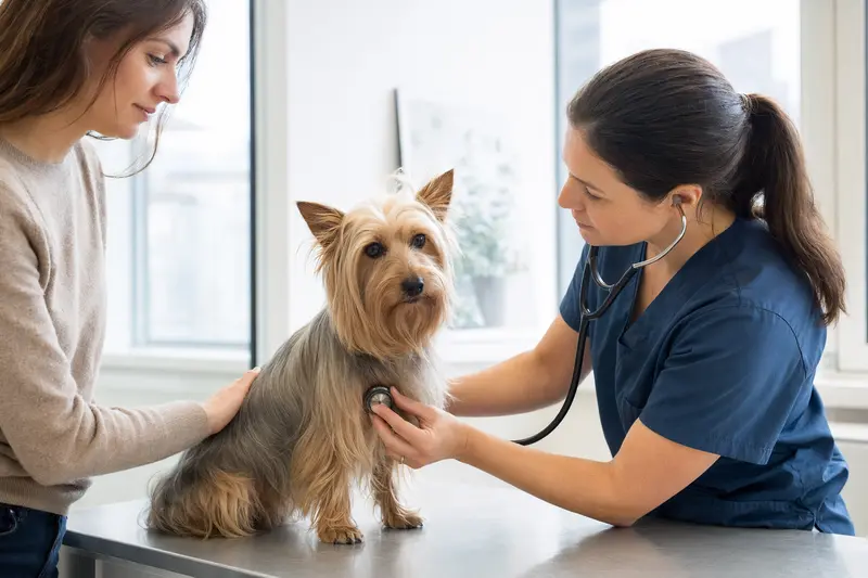 Ein Australian Silky Terrier wird liebevoll von einer Tierärztin mit einem Stethoskop untersucht, während der Besitzer beruhigend an seiner Seite steht.
