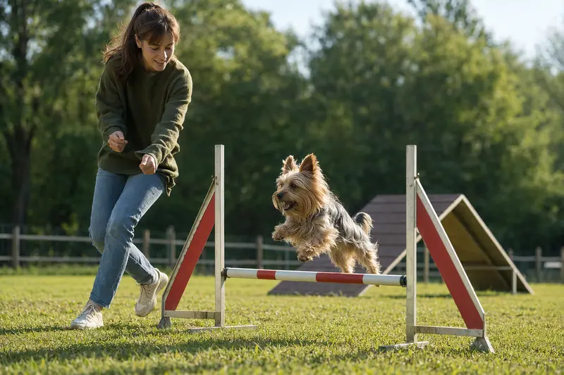 Ein aktiver Australian Silky Terrier springt beim Hundetraining über eine kleine Hürde auf dem Hundeplatz.