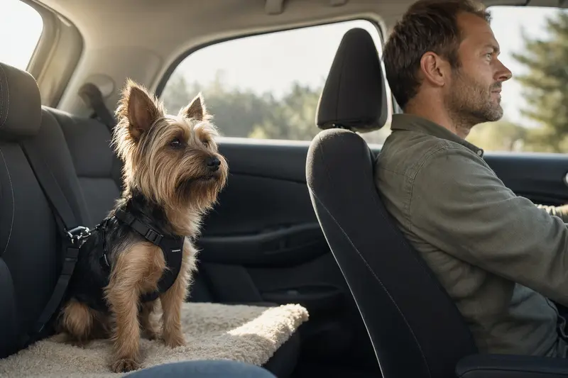 Ein Australian Silky Terrier sitzt sicher angeschnallt auf der Rückbank eines Autos und wird von seinem verantwortungsbewussten Besitzer gefahren.