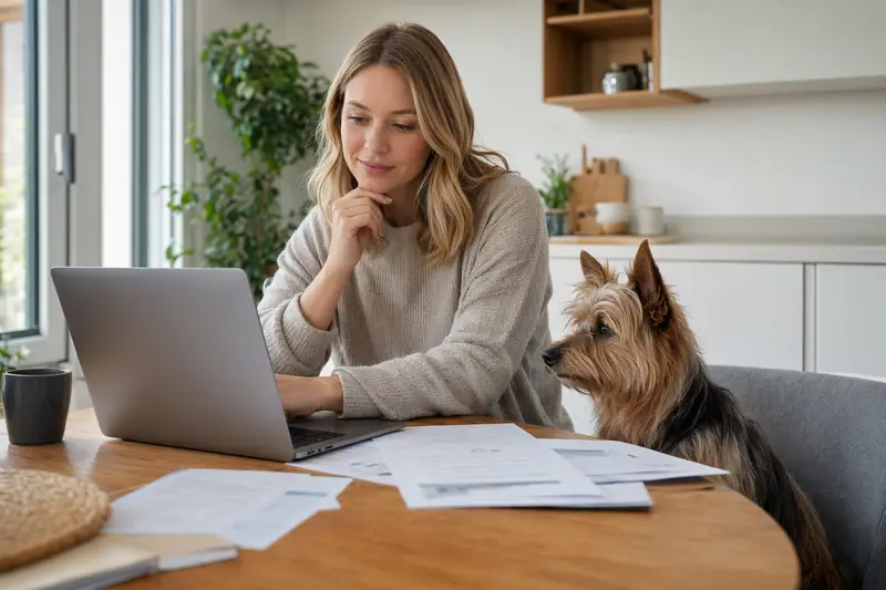 Ein Australian Silky Terrier sitzt neben seinem Besitzer am Küchentisch, auf dem Versicherungsunterlagen und ein Laptop liegen.