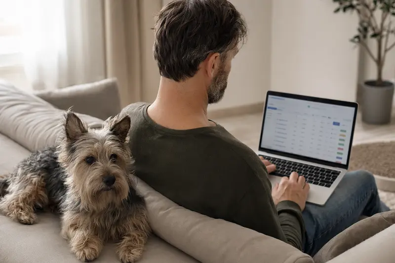 Ein Besitzer mit Laptop auf dem Sofa, neben ihm ein Australian Silky Terrier, während er eine Versicherungsvergleichsseite betrachtet.