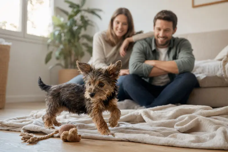 Ein neugieriger Australian Silky Terrier Welpe erkundet seine neue Umgebung mit einer liebevollen Familie im Hintergrund.