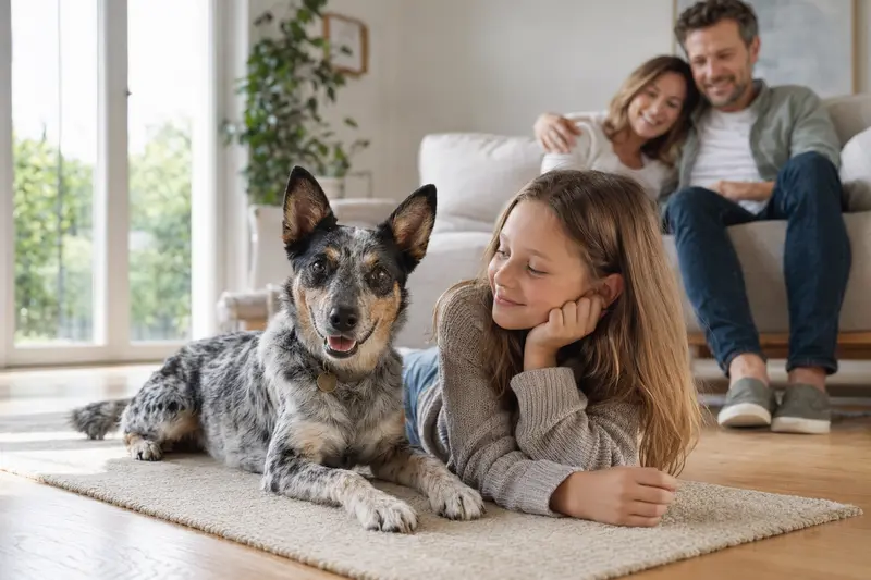 Ein freundlicher Australian Stumpy Tail Cattle Dog liegt entspannt neben einem Kind im hellen Wohnzimmer, während die Eltern im Hintergrund eine sichere Familienatmosphäre schaffen.