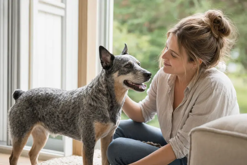 Ein aufmerksam stehender Australian Stumpy Tail Cattle Dog vor hellem Hintergrund, als realistisches Portrait mit typischer Körperform und Fellstruktur.