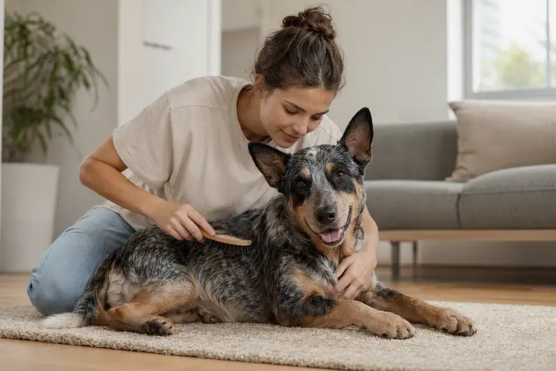 Ein Australian Stumpy Tail Cattle Dog wird zuhause von seinem Besitzer sanft gebürstet und gepflegt.
